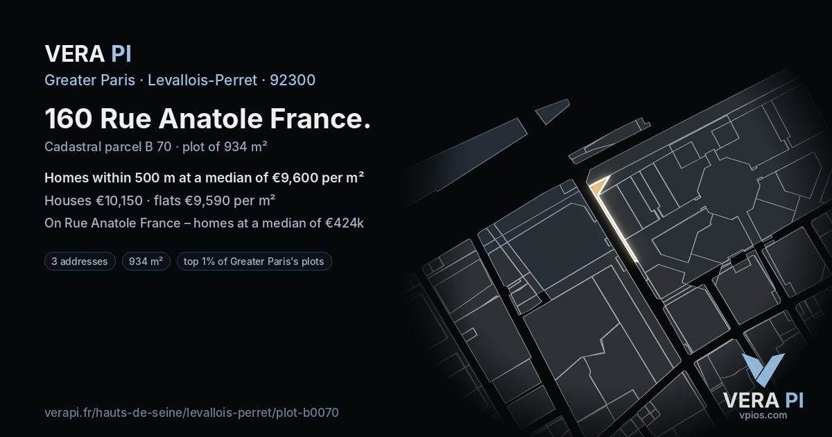 160 Rue Anatole France, Levallois-Perret at night – the plot lit, the parcels around coloured by the prices near them