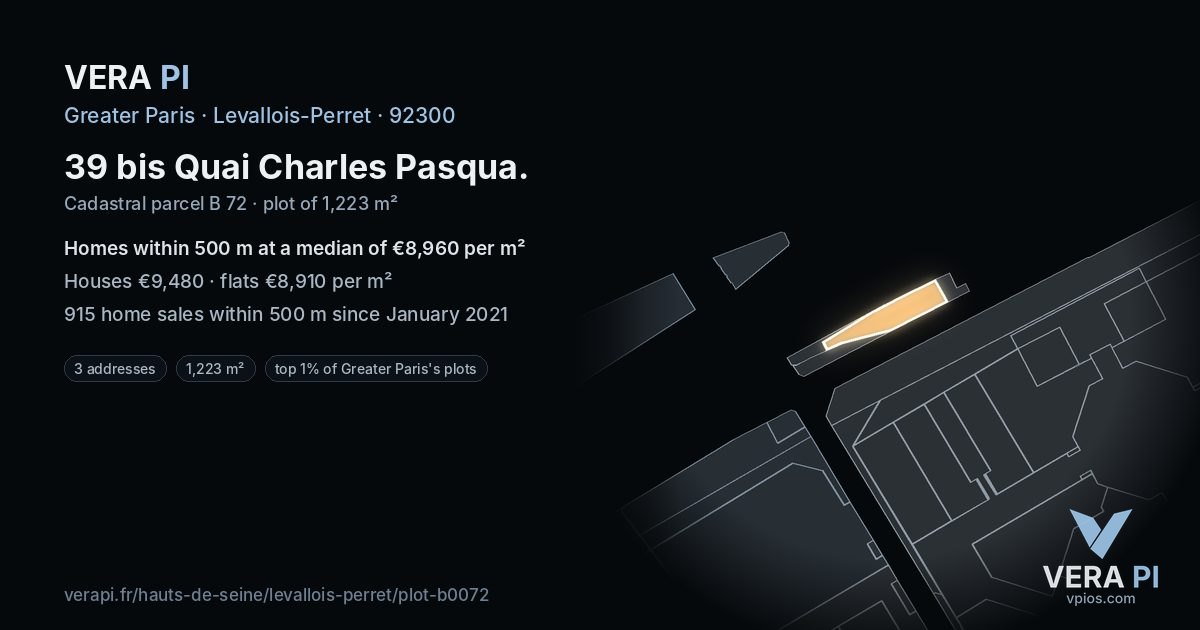 39 bis Quai Charles Pasqua, Levallois-Perret at night – the plot lit, the parcels around coloured by the prices near them