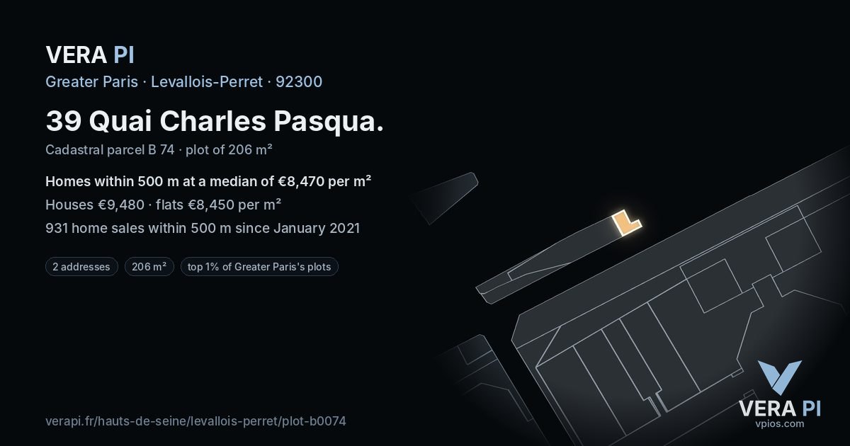 39 Quai Charles Pasqua, Levallois-Perret at night – the plot lit, the parcels around coloured by the prices near them