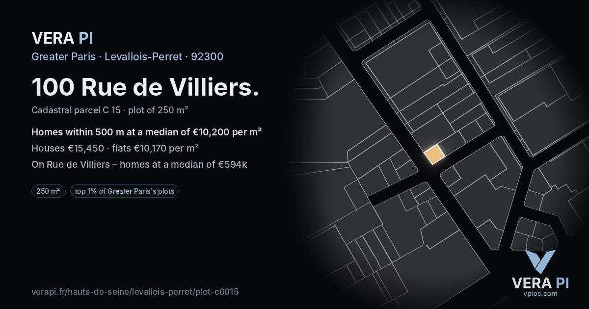 100 Rue de Villiers, Levallois-Perret at night – the plot lit, the parcels around coloured by the prices near them