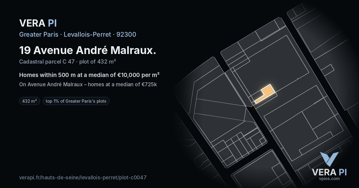 19 Avenue André Malraux, Levallois-Perret at night – the plot lit, the parcels around coloured by the prices near them