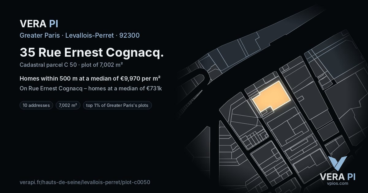 35 Rue Ernest Cognacq, Levallois-Perret at night – the plot lit, the parcels around coloured by the prices near them