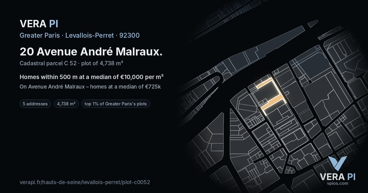 20 Avenue André Malraux, Levallois-Perret at night – the plot lit, the parcels around coloured by the prices near them