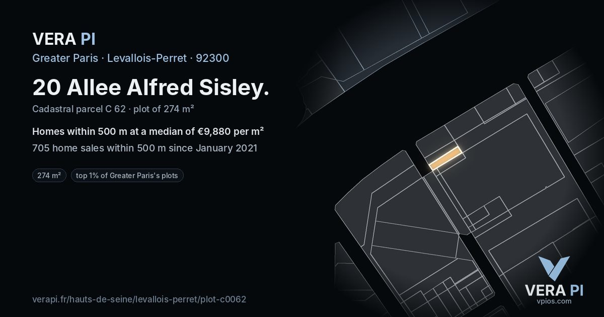 20 Allee Alfred Sisley, Levallois-Perret at night – the plot lit, the parcels around coloured by the prices near them