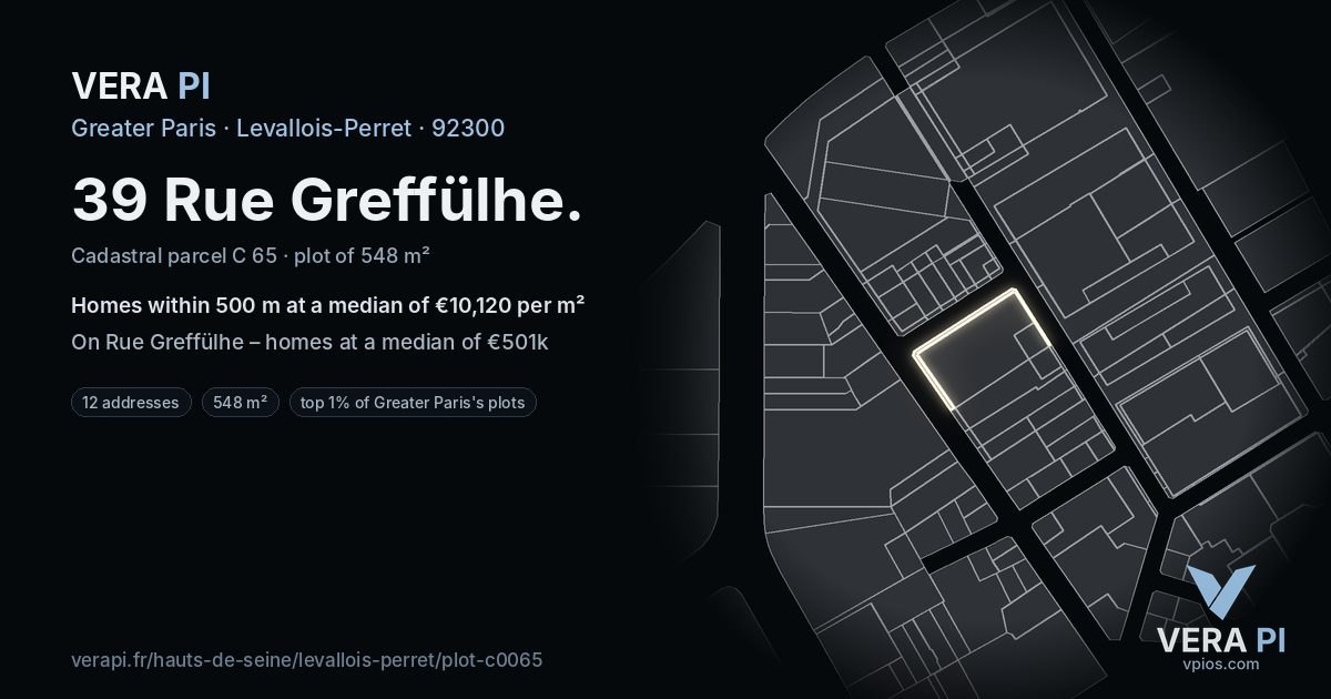 39 Rue Greffülhe, Levallois-Perret at night – the plot lit, the parcels around coloured by the prices near them