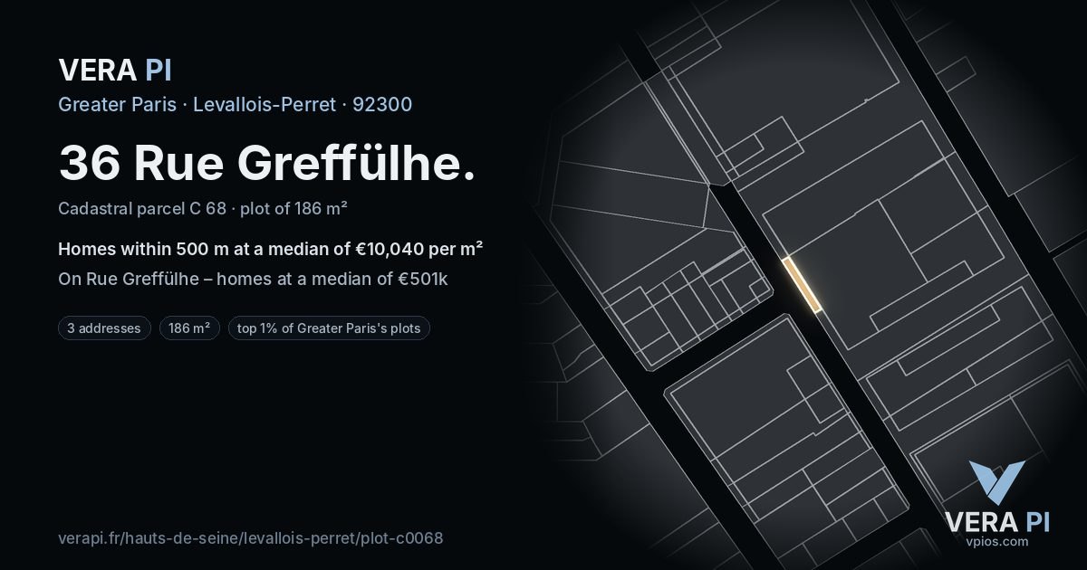 36 Rue Greffülhe, Levallois-Perret at night – the plot lit, the parcels around coloured by the prices near them