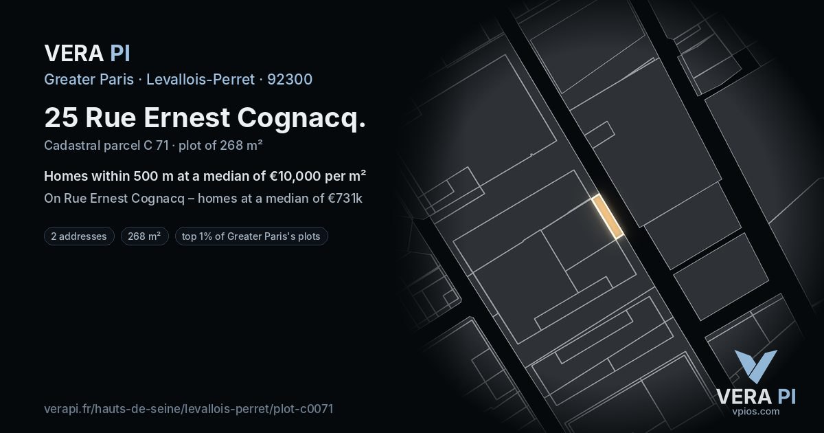 25 Rue Ernest Cognacq, Levallois-Perret at night – the plot lit, the parcels around coloured by the prices near them