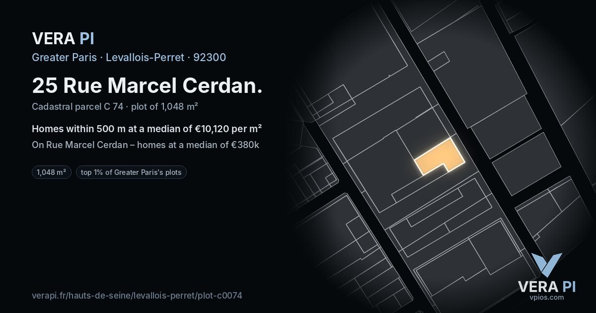 25 Rue Marcel Cerdan, Levallois-Perret at night – the plot lit, the parcels around coloured by the prices near them