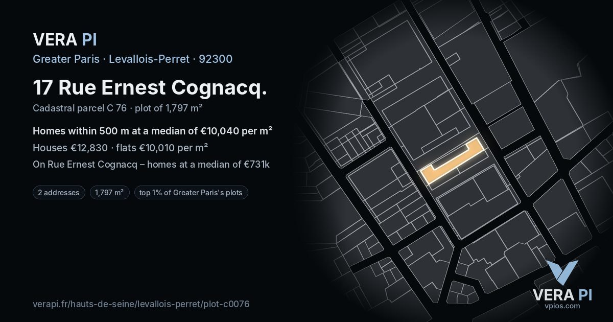 17 Rue Ernest Cognacq, Levallois-Perret at night – the plot lit, the parcels around coloured by the prices near them