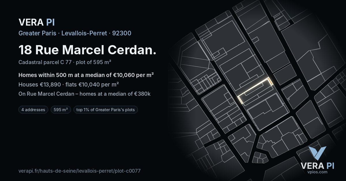 18 Rue Marcel Cerdan, Levallois-Perret at night – the plot lit, the parcels around coloured by the prices near them