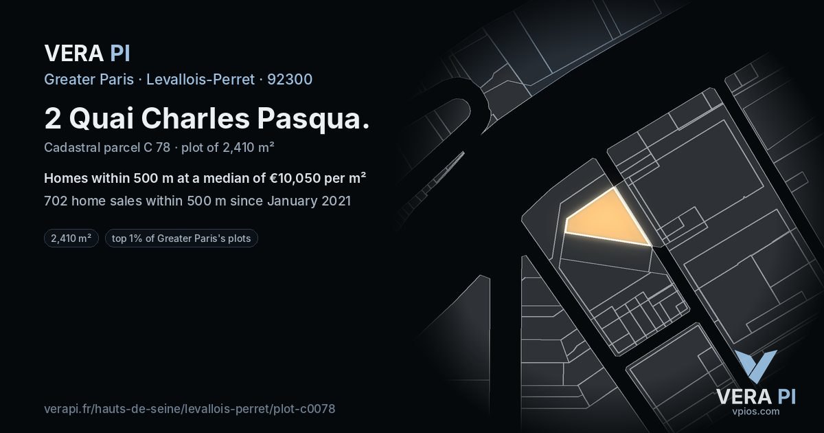2 Quai Charles Pasqua, Levallois-Perret at night – the plot lit, the parcels around coloured by the prices near them