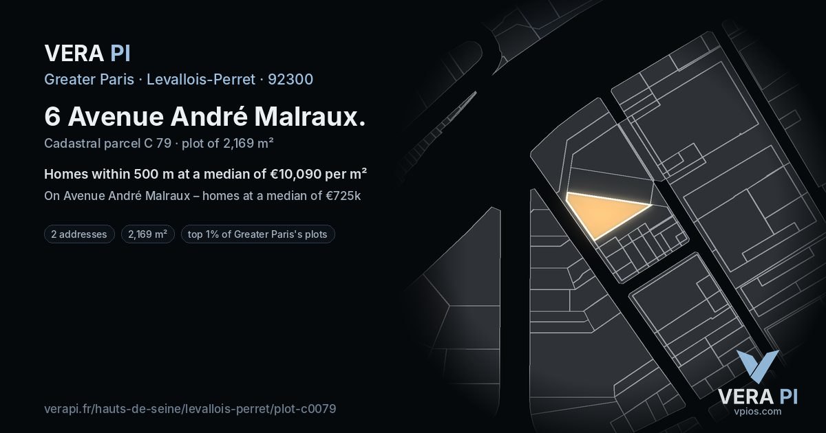 6 Avenue André Malraux, Levallois-Perret at night – the plot lit, the parcels around coloured by the prices near them