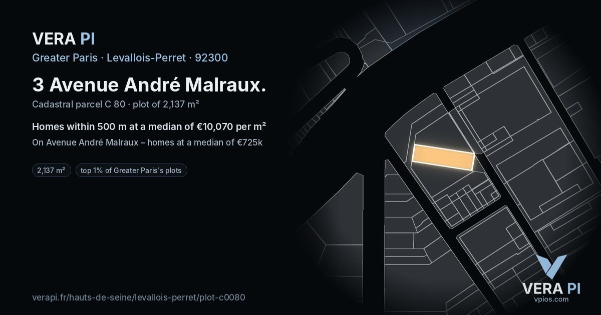 3 Avenue André Malraux, Levallois-Perret at night – the plot lit, the parcels around coloured by the prices near them