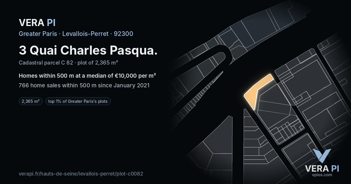 3 Quai Charles Pasqua, Levallois-Perret at night – the plot lit, the parcels around coloured by the prices near them