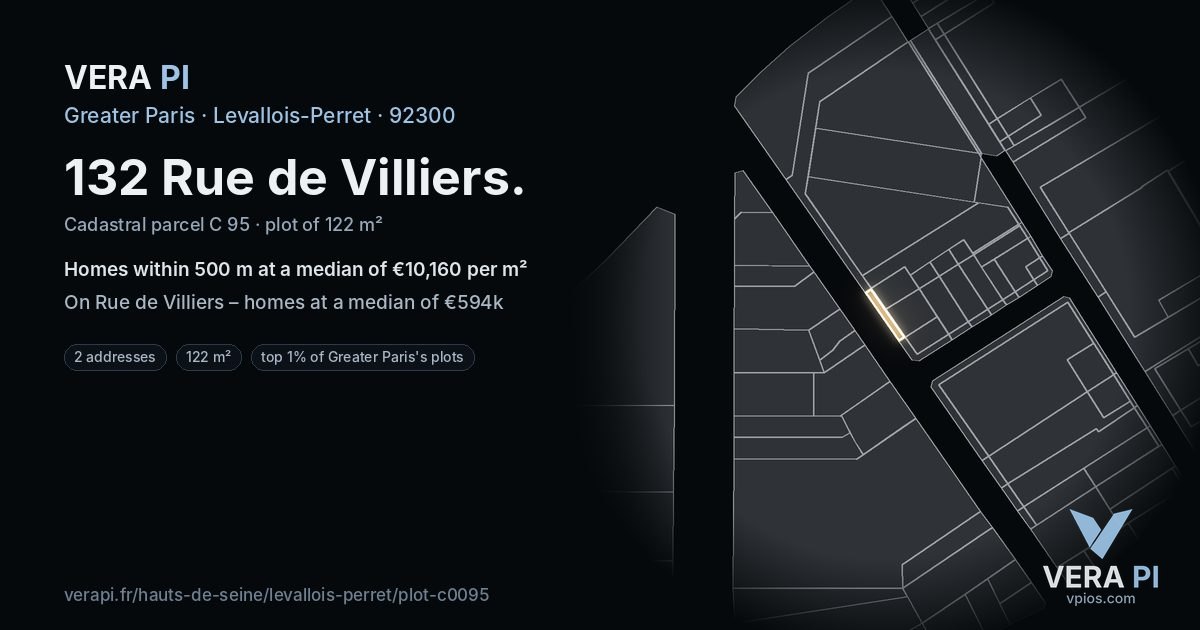132 Rue de Villiers, Levallois-Perret at night – the plot lit, the parcels around coloured by the prices near them