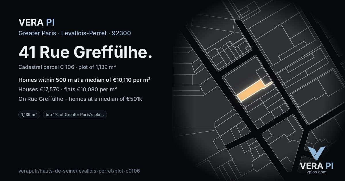 41 Rue Greffülhe, Levallois-Perret at night – the plot lit, the parcels around coloured by the prices near them