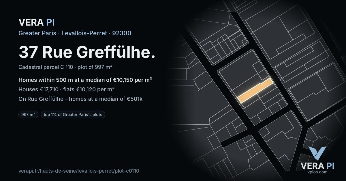 37 Rue Greffülhe, Levallois-Perret at night – the plot lit, the parcels around coloured by the prices near them
