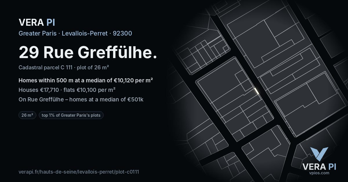 29 Rue Greffülhe, Levallois-Perret at night – the plot lit, the parcels around coloured by the prices near them