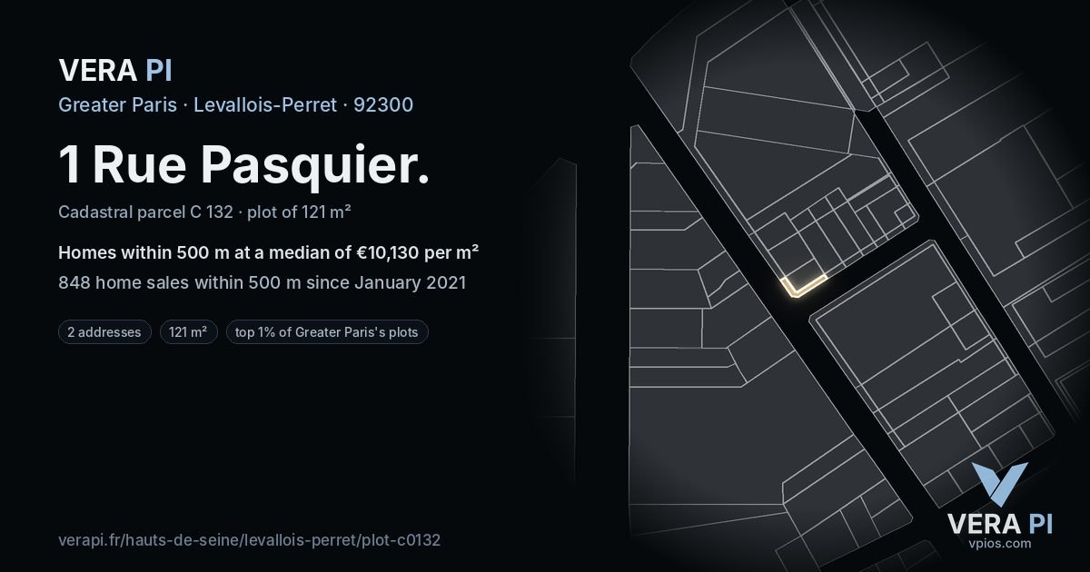 1 Rue Pasquier, Levallois-Perret at night – the plot lit, the parcels around coloured by the prices near them