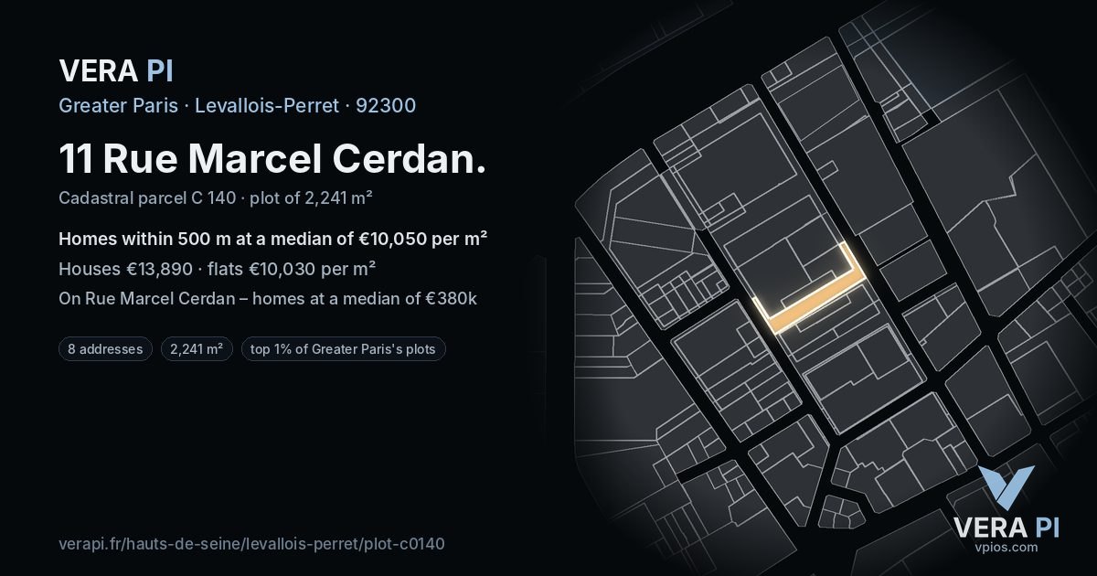11 Rue Marcel Cerdan, Levallois-Perret at night – the plot lit, the parcels around coloured by the prices near them