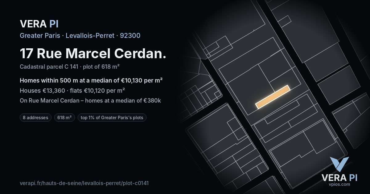 17 Rue Marcel Cerdan, Levallois-Perret at night – the plot lit, the parcels around coloured by the prices near them