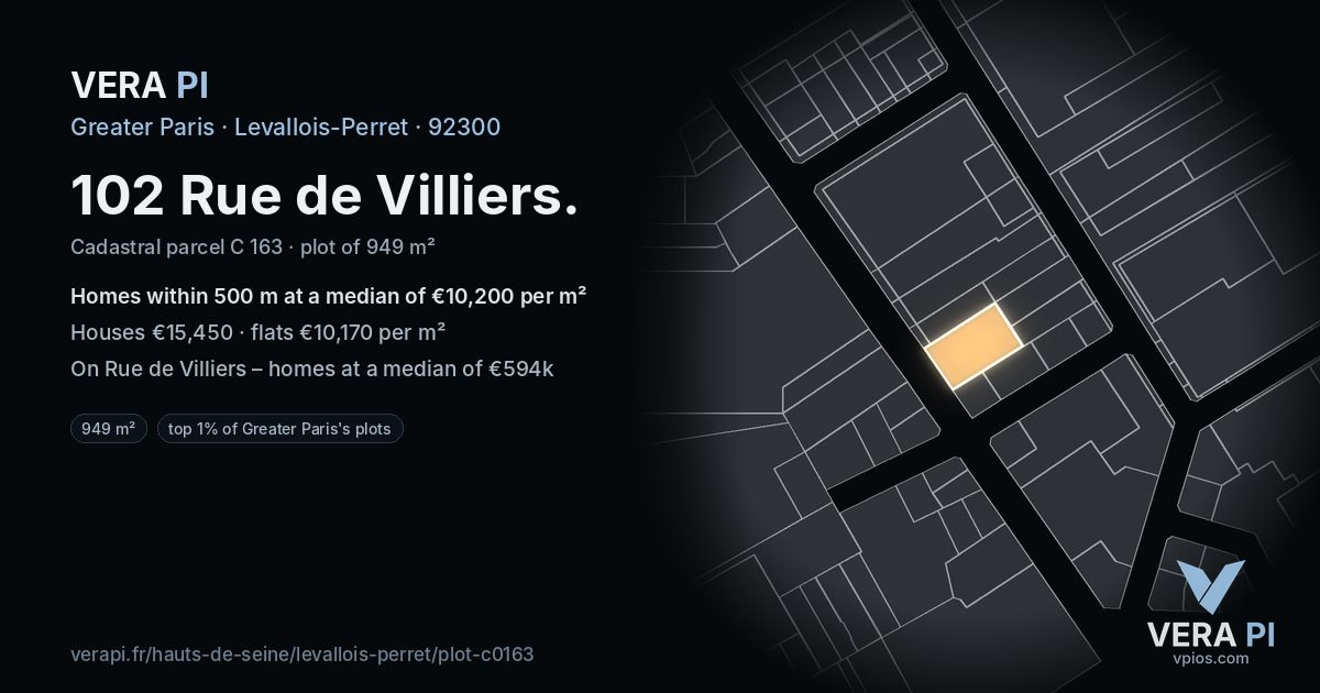 102 Rue de Villiers, Levallois-Perret at night – the plot lit, the parcels around coloured by the prices near them