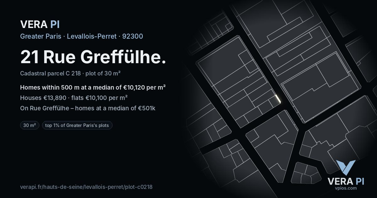 21 Rue Greffülhe, Levallois-Perret at night – the plot lit, the parcels around coloured by the prices near them