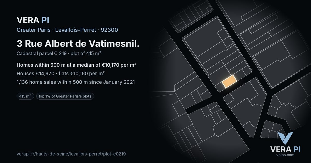 3 Rue Albert de Vatimesnil, Levallois-Perret at night – the plot lit, the parcels around coloured by the prices near them