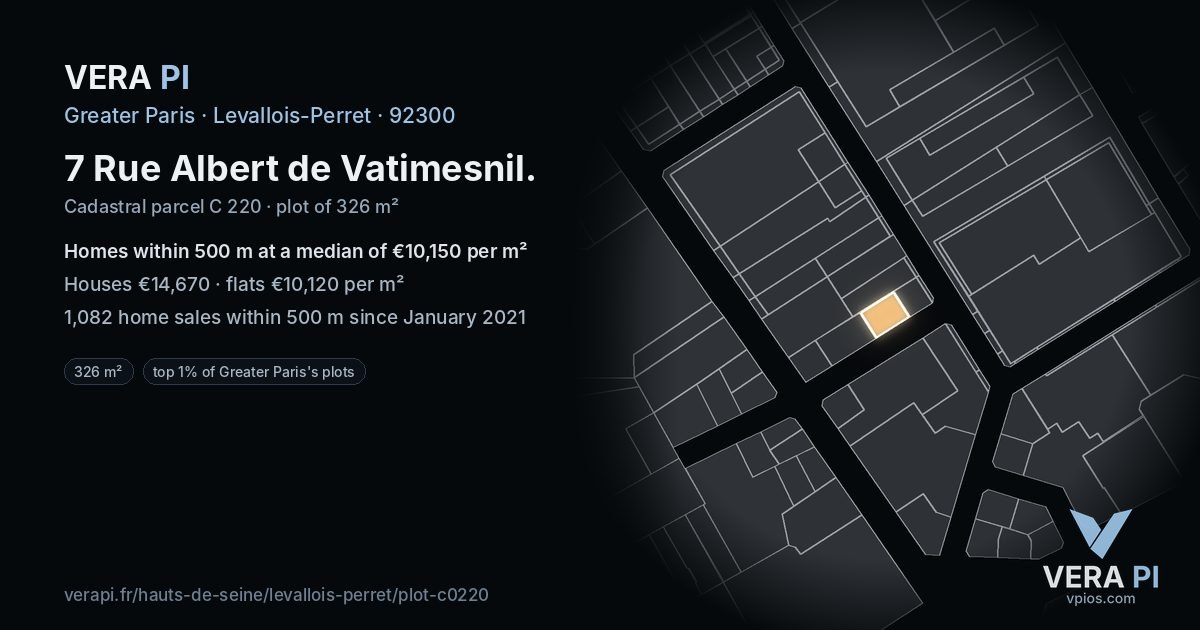 7 Rue Albert de Vatimesnil, Levallois-Perret at night – the plot lit, the parcels around coloured by the prices near them