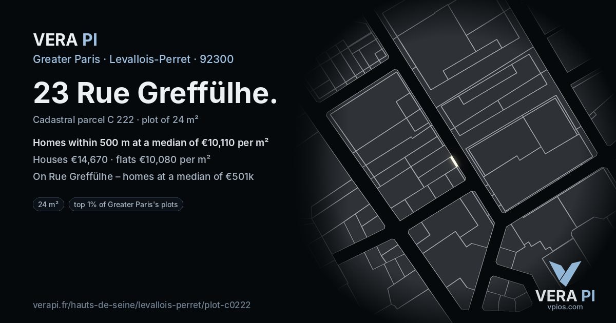 23 Rue Greffülhe, Levallois-Perret at night – the plot lit, the parcels around coloured by the prices near them