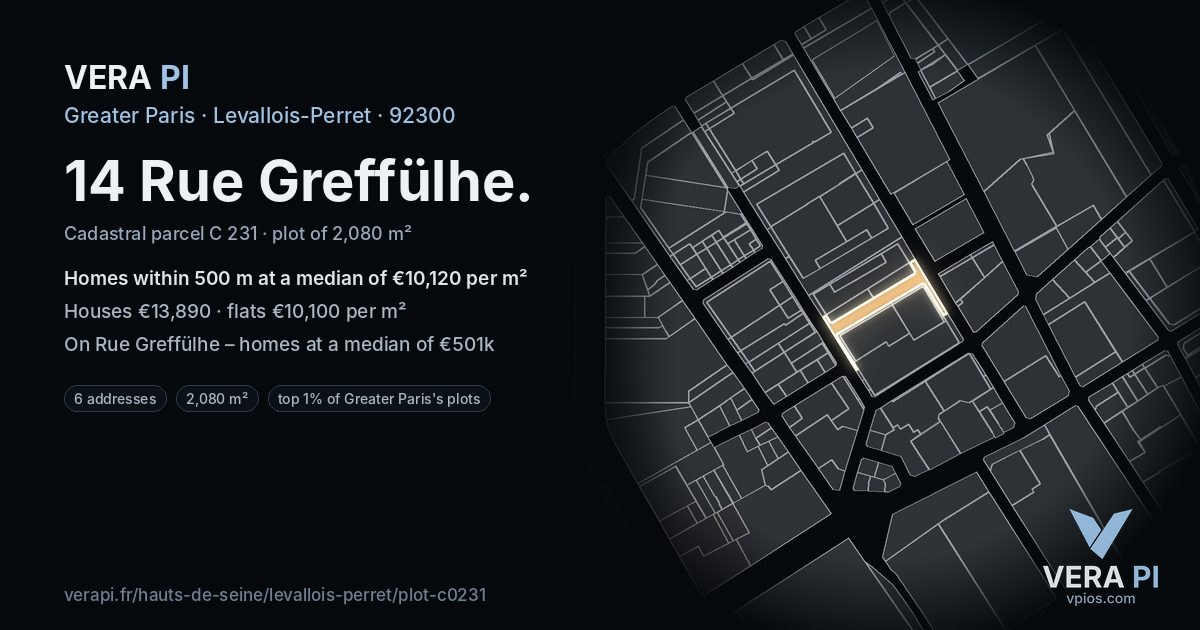14 Rue Greffülhe, Levallois-Perret at night – the plot lit, the parcels around coloured by the prices near them