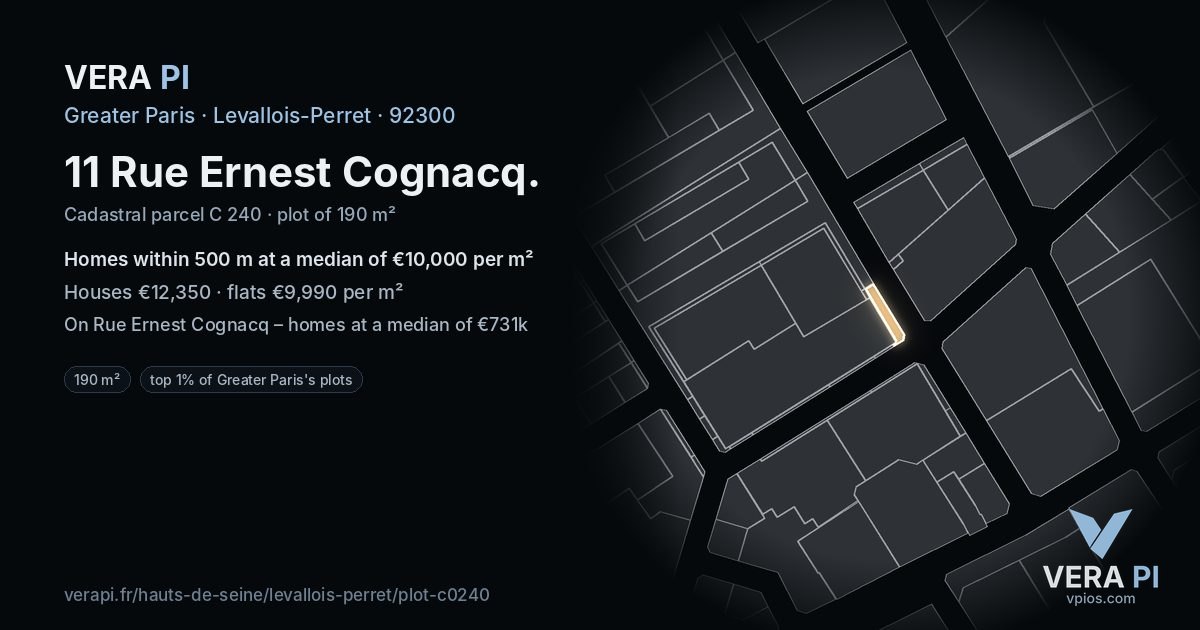 11 Rue Ernest Cognacq, Levallois-Perret at night – the plot lit, the parcels around coloured by the prices near them