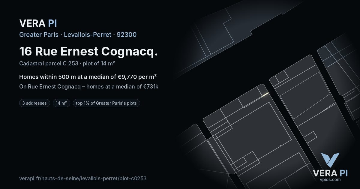 16 Rue Ernest Cognacq, Levallois-Perret at night – the plot lit, the parcels around coloured by the prices near them