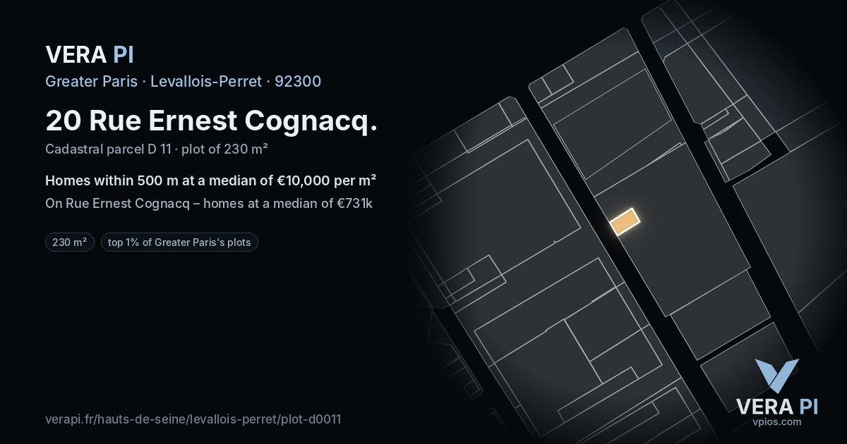 20 Rue Ernest Cognacq, Levallois-Perret at night – the plot lit, the parcels around coloured by the prices near them
