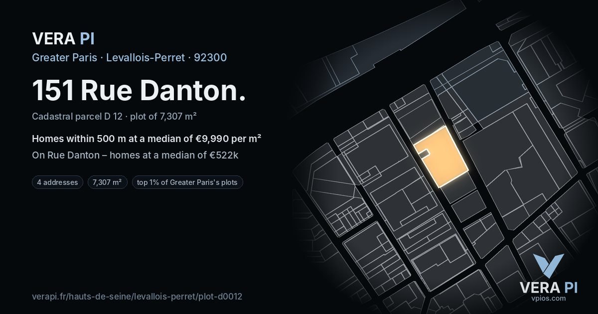 151 Rue Danton, Levallois-Perret at night – the plot lit, the parcels around coloured by the prices near them