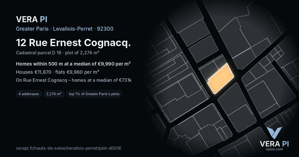12 Rue Ernest Cognacq, Levallois-Perret at night – the plot lit, the parcels around coloured by the prices near them