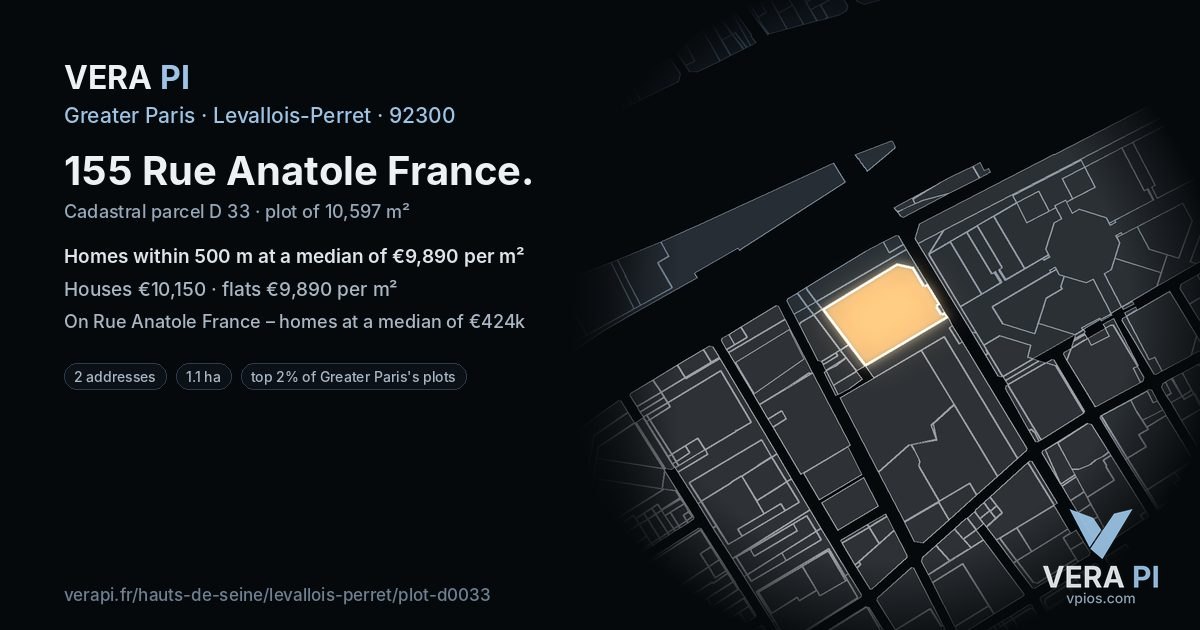 155 Rue Anatole France, Levallois-Perret at night – the plot lit, the parcels around coloured by the prices near them