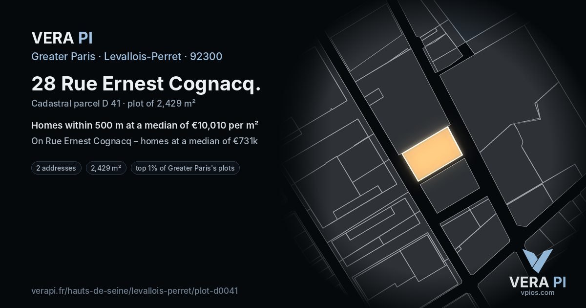 28 Rue Ernest Cognacq, Levallois-Perret at night – the plot lit, the parcels around coloured by the prices near them