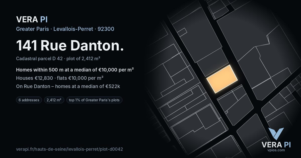 141 Rue Danton, Levallois-Perret at night – the plot lit, the parcels around coloured by the prices near them