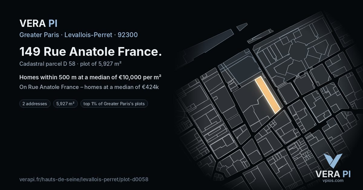 149 Rue Anatole France, Levallois-Perret at night – the plot lit, the parcels around coloured by the prices near them