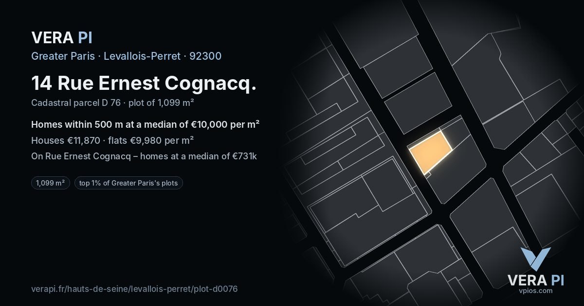 14 Rue Ernest Cognacq, Levallois-Perret at night – the plot lit, the parcels around coloured by the prices near them