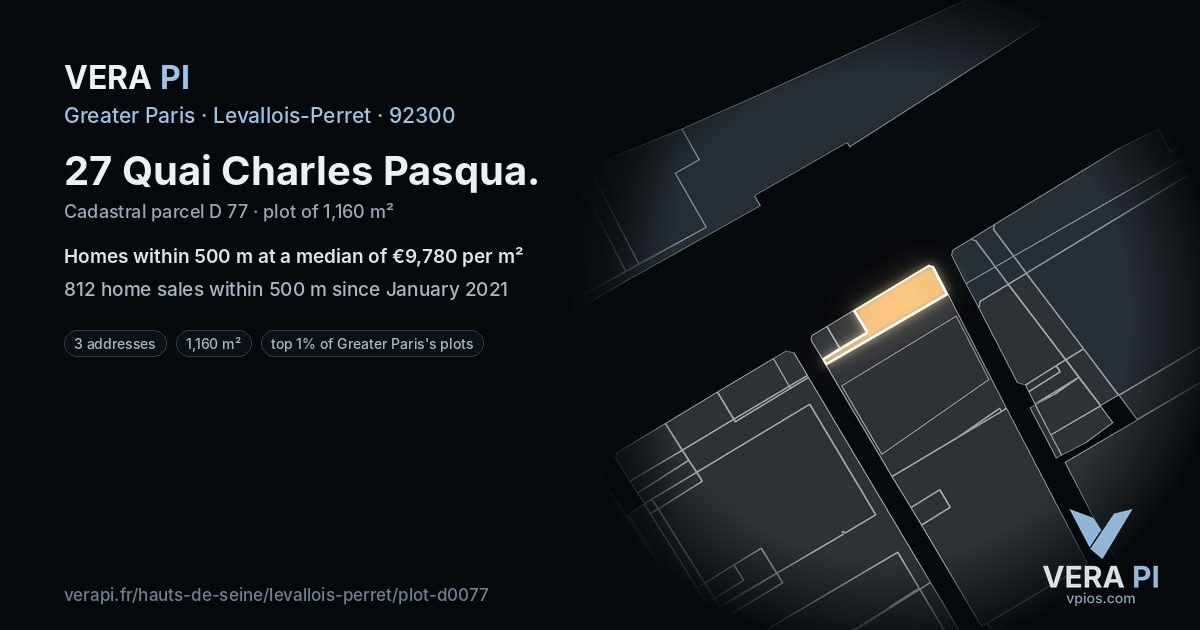 27 Quai Charles Pasqua, Levallois-Perret at night – the plot lit, the parcels around coloured by the prices near them
