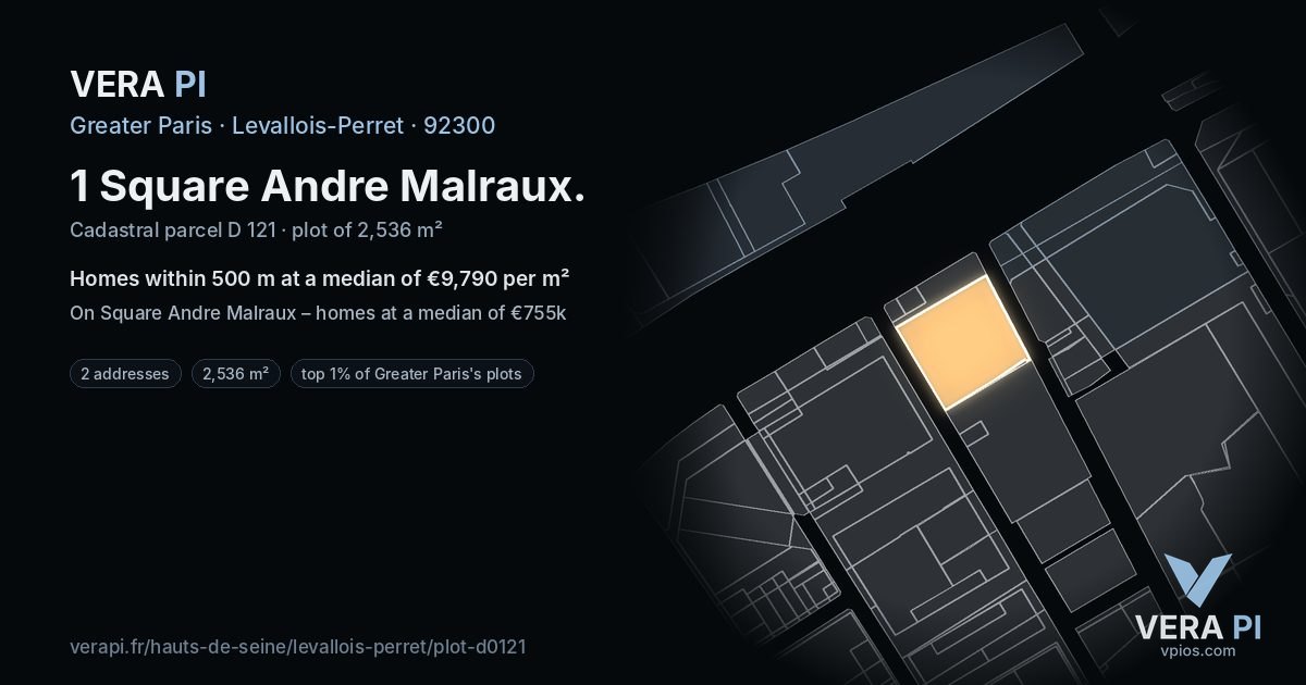 1 Square Andre Malraux, Levallois-Perret at night – the plot lit, the parcels around coloured by the prices near them