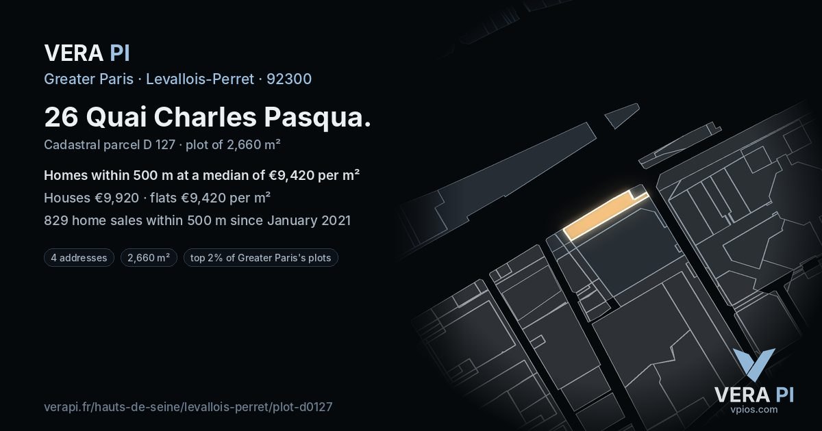 26 Quai Charles Pasqua, Levallois-Perret at night – the plot lit, the parcels around coloured by the prices near them