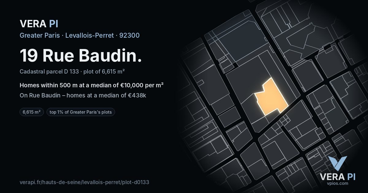19 Rue Baudin, Levallois-Perret at night – the plot lit, the parcels around coloured by the prices near them