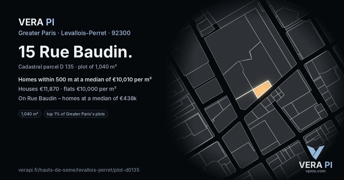 15 Rue Baudin, Levallois-Perret at night – the plot lit, the parcels around coloured by the prices near them