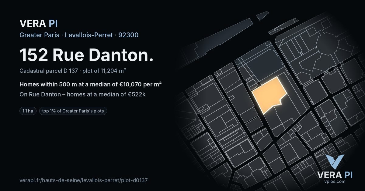 152 Rue Danton, Levallois-Perret at night – the plot lit, the parcels around coloured by the prices near them