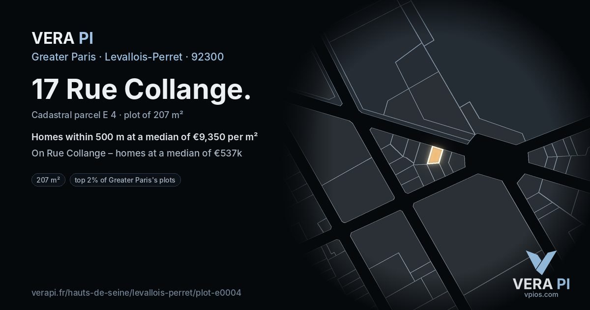 17 Rue Collange, Levallois-Perret at night – the plot lit, the parcels around coloured by the prices near them