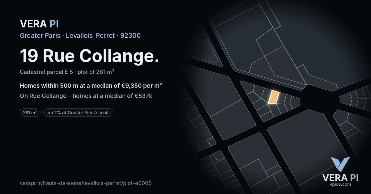 19 Rue Collange, Levallois-Perret at night – the plot lit, the parcels around coloured by the prices near them