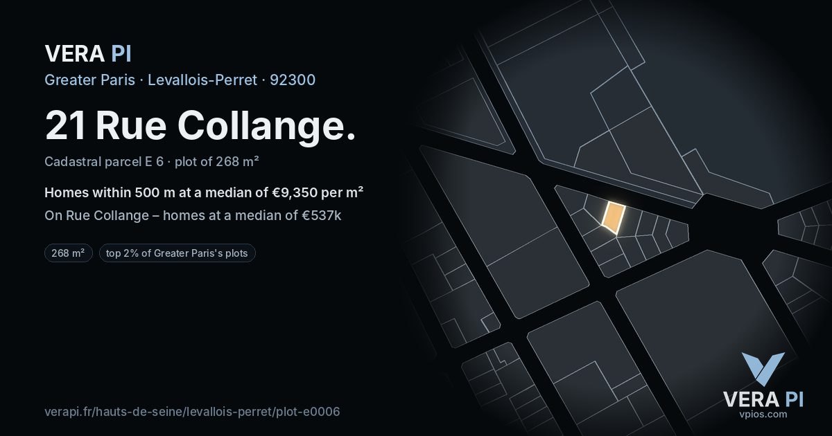 21 Rue Collange, Levallois-Perret at night – the plot lit, the parcels around coloured by the prices near them